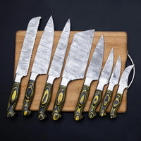 Damascus Chef Set Hand Forged Personalized | Damascus {{/Kitchen Knives-8Pcs}} Chef Set | GROOMSMAN Gift | ANNIVERSARY Gift | CHRISTMAS Gift.