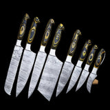 Damascus Chef Set Hand Forged Personalized | Damascus {{/Kitchen Knives-8Pcs}} Chef Set | GROOMSMAN Gift | ANNIVERSARY Gift | CHRISTMAS Gift.