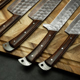 5-Pcs Damascus Kitchen Knives Indoor/Outdoor BBQ Cooking Chef Set Knife Full Tang Wood Handle Cleaver Fillet Paring Knife Free Leather Roll