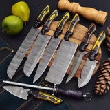 8 Pieces Handmade Damascus Kitchen Knife Chef's Knife Set And Leather Roll, Kitchen Knives, Christmas Gift For Mom or Mother, Gift For Her